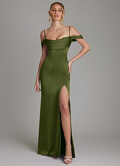 Azazie Nira Bridesmaid Dresses Bright Olive Mermaid Corset Stretch Satin Dress image1