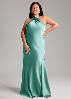 Azazie Lorena Bridesmaid Dresses Aqua Mermaid Pleated Stretch Satin Dress image7