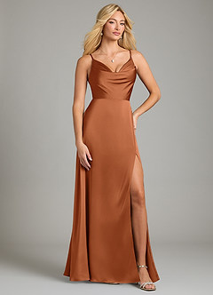 Azazie Sarella Vestidos de damas de honor Vestido de Cobre de Satén Elástico de Corte en A con Plisado image1