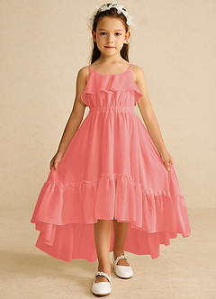 Azazie Karmen Robe Demoiselle D'honneur Fillette Robe Trapèze en Mousseline de soie Rayé Corail image1