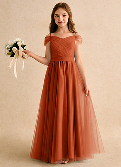 Azazie Yuna Junior Formal Flower Girl Dresses Burnt Orange A-Line Off the Shoulder Tulle Dress image3