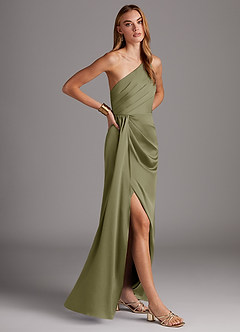 Azazie Mika Robes de demoiselle d'honneur Robe Fourreau en Satin extensible Ue épaule Pistache image4