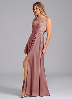 Azazie Karina Bridesmaid Dresses Dusty Rose A-Line Pleated Stretch Satin Dress image3