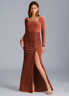 Azazie Addie Bridesmaid Dresses Terracotta Sheath Long Sleeve Velvet Dress image5