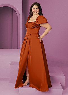 Barbie ♥ Azazie Bridesmaid Dresses Burnt Orange A-Line Ruched Stretch Satin Dress image9