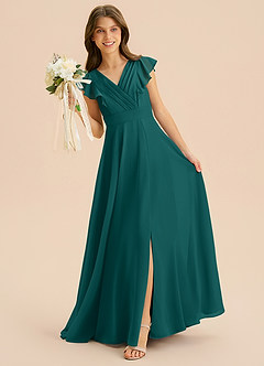 Azazie Anysa Junior A-Linie Gestreift Chiffon Kleid Pfau image3