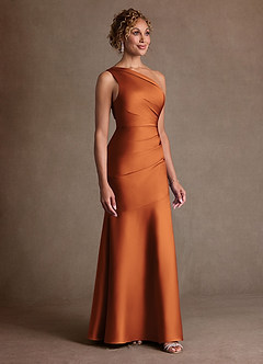 Azazie Haifa Mother of the Bride Dresses Cinnamon Mermaid One Shoulder Stretch Satin Dress image3