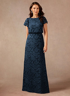 Azazie Lehi Mother of the Bride Dresses Dark Navy A-Line Boatneck Floral Burnout Dress image1