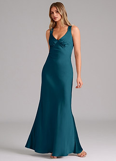 Azazie Kamila Robes de demoiselle d'honneur Robe Trapèze en Satin extensible Plissée Bleu Encre image3