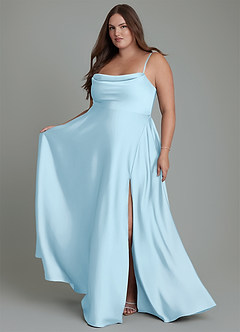 Azazie Elle Vestidos de damas de honor Vestido Azul Cielo de Satén Elástico de Línea A con Plisado image8