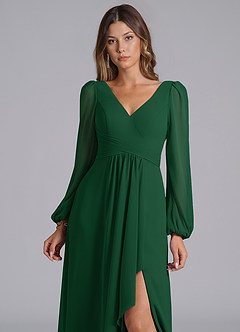 Azazie Omari Bridesmaid Dresses Dark Green A-Line Long Sleeve Chiffon Dress image7