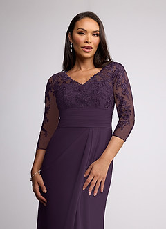 Azazie Joan Mother of the Bride Dresses Plum Sheath V-Neck Lace Chiffon Dress image3