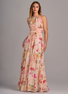 Azazie Bonnie Robes de demoiselle d'honneur Robe Trapèze en Mousseline de soie Trou de serrure froncé Bouquet Florale Abstrait image1