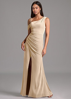 Azazie Madelyn Robes de demoiselle d'honneur Robe Fourreau en velours Ue épaule Champagne image4