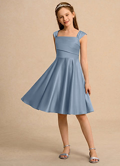 Azazie Budle Girls Formal Flower Girl Dresses Dusty Blue A-Line Pleated Matte Satin Dress image3