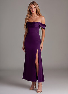 Azazie Saige Bridesmaid Dresses Grape Mermaid Off the Shoulder Stretch Satin Dress image1