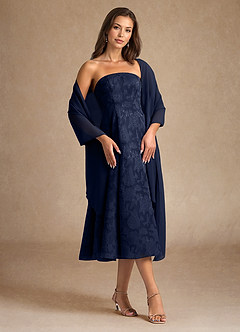 Azazie Lorain Mother of the Bride Dresses Dark Navy A-Line Pleated Floral Burnout Dress image1