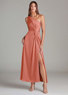 Azazie Brooke Bridesmaid Dresses Salmon Pink A-Line One Shoulder Stretch Satin Dress image1