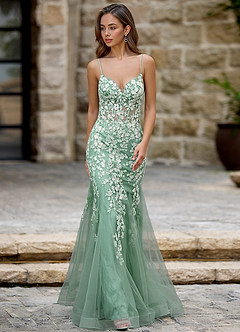 fitted lace wedding dress Lime Green Sequin Plunging Neck Designer Mermaid Prom Dress main image 1