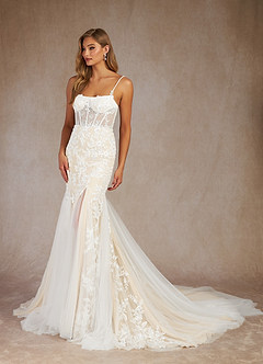 Azazie Bae Wedding Dresses Diamond White Champagne Mermaid Sequins Tulle Dress image4
