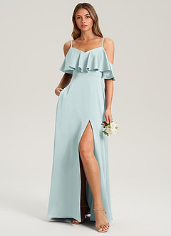 Azazie Jean Bridesmaid Dresses Mist A-Line Off the Shoulder Stretch Satin Dress image3