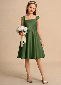 Azazie Budle Girls Formal Flower Girl Dresses Olive A-Line Pleated Matte Satin Dress image1