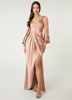 Azazie Mel Bridesmaid Dresses Rose Gold Sheath Long Sleeve Stretch Satin Dress image1