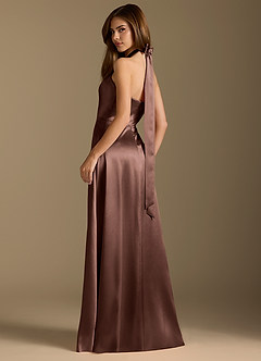 Azazie Tracie Bridesmaid Dresses Espresso A-Line Pleated Metallic Satin Dress image9