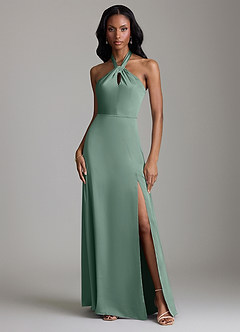 Azazie Tracie Bridesmaid Dresses Eucalyptus A-Line Side Slit Stretch Satin Dress image1