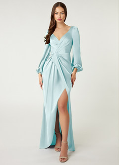 Azazie Mel Bridesmaid Dresses Sea Glass Sheath Long Sleeve Stretch Satin Dress image1
