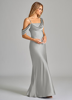Azazie Celina Bridesmaid Dresses Silver Sheath Off the Shoulder Stretch Satin Dress image6