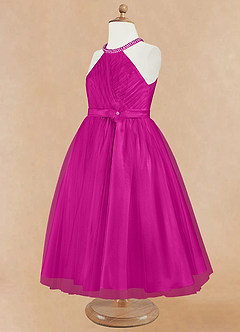 Azazie Honey Flower Girl Dresses Fuchsia A-Line Beaded Matte Satin Dress image8