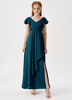 Azazie Omari Junior Ink Blue A-Line Pleated Stretch Satin Dress image4