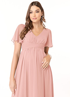 Azazie Verna vestidos de dama de honor de maternidad Vestido de Corte En A Cuello en V fruncido Hasta el suelo Gasa image5