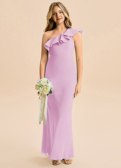 Azazie Alissa Junior A라인 셔링 쉬폰 플로어 길이 주니어 신부 들러리 드레스 image1