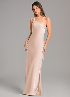 Azazie Monroe Bridesmaid Dresses Blushing Pink Mermaid One Shoulder Stretch Satin Dress image3