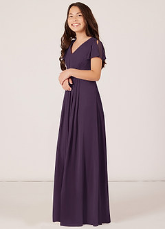 Azazie Peony Junior Robe Trapèze en Mousseline de soie Plissée Prune image3