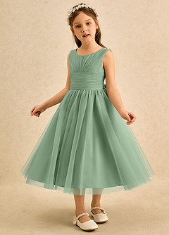 Azazie Macaron Robe Demoiselle D'honneur Fillette Robe Trapèze en Tulle Plissée Matcha image4