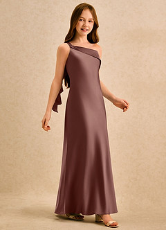 Azazie Almond Girls Formal Robe Demoiselle D'honneur Fillette Robe Fourreau en Satin extensible Une épaule Expresso image5
