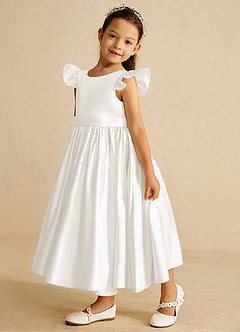 Azazie Violeta Flower Girl Dresses Ivory Ball-Gown Bow Matte Satin Dress image5
