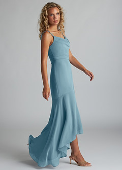 Azazie Summer Bridesmaid Dresses Moody Blue Mermaid Scoop Cowl Chiffon Dress image3