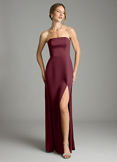 Azazie Wren Vestidos de damas de honor Vestido de Cabernet de Satén Elástico de Corte en A Convertible con Sin tirantes image2