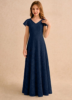Azazie Narin Girls Formal Robe Demoiselle D'honneur Fillette Robe Trapèze en Blumen-Burnout avec manches Bleu Marine Foncé image3