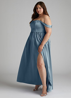 Azazie Morana Jurken voor bruidsmeisjes Converteerbaar Jurk van Stretch Satijn met A-Lijn Off the Shoulder Stoffig Blauw image13