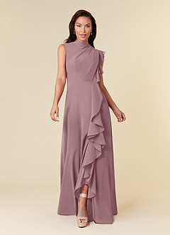 Azazie Narine Abiti per la Madre della Sposa Abito A-Line in Chiffon con Scollo Alto a Pieghe Rosa Polverosa image3