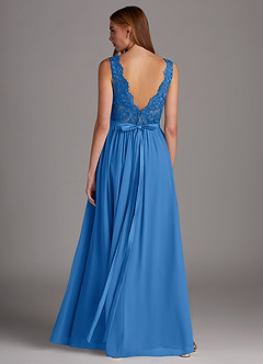 Azazie Elly Bridesmaid Dresses Blue Jay A-Line Lace Scoop Neck Chiffon Dress image2