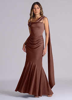 Azazie Inara 신부 들러리 드레스 인어 주름진 스트레치 새틴 바닥 길이 드레스 image4