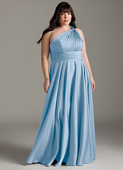 Azazie Charlize Abiti da Damigella Abito A-Line in Raso Elasticizzato Monospalla Azzurro Polvere image9