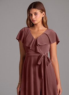 Azazie Lainey Brautjungfernkleider A-Linie Gestreift Samt Kleid Espresso image2