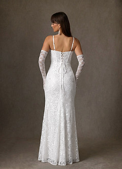 Azazie Jyotsna At-home Try On Dresses Diamond White A-Line Lace Dress image2